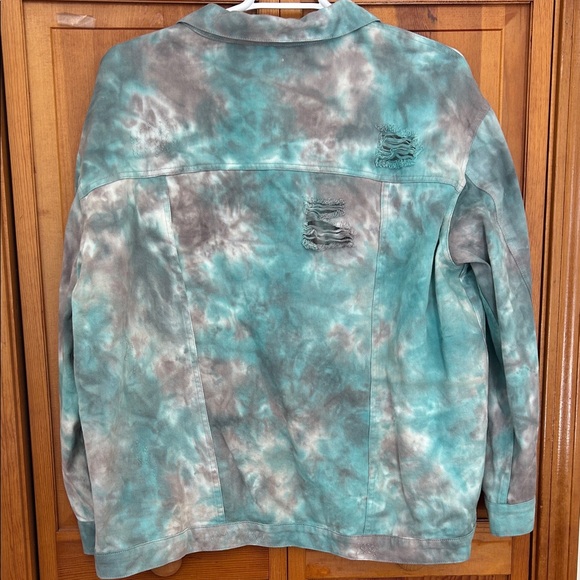 Oddy Teal Gray Tie‑Dye Distressed Denim Jacket Plus Size 2X/3X NWT - Picture 5 of 11